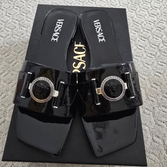 Versace Black Patent Leather Slides